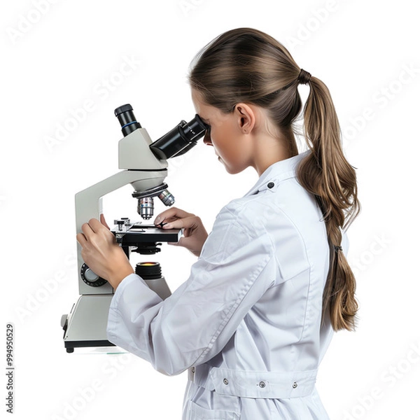 Fototapeta Female scientist analyzing sample under a microscope in a laboratory, highlighting scientific research and discovery in medical fields.
