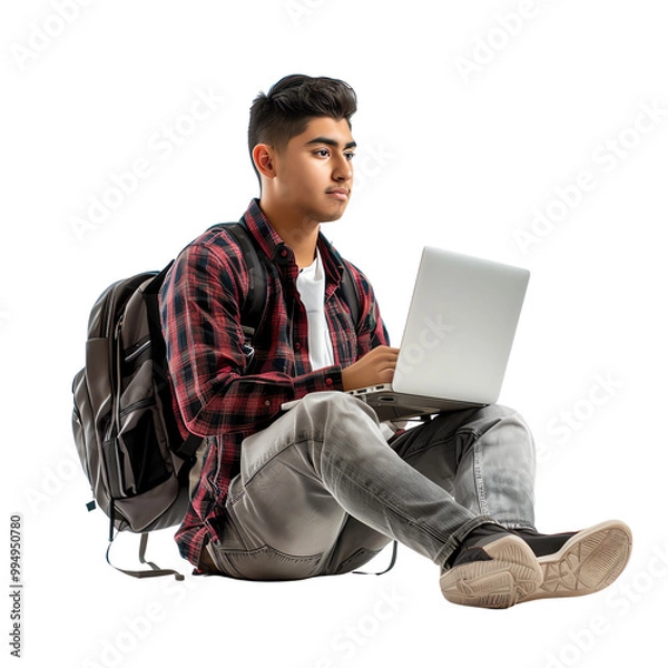 Fototapeta Young male student with a backpack using a laptop while sitting on the floor, focused on learning and studying.