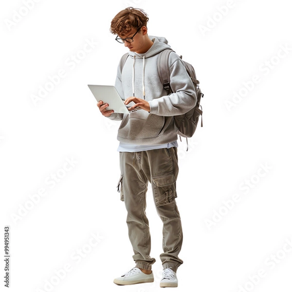 Fototapeta Young man in casual attire standing with a backpack, using a tablet isolated on white background. Modern student lifestyle concept.