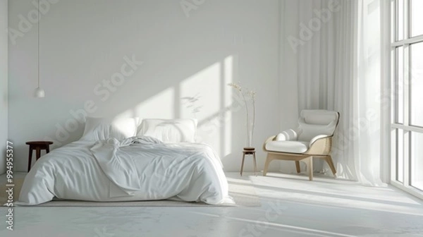 Fototapeta Minimalist bedroom with white bedding, modern furniture, and soft lighting, creating a serene and cozy atmosphere