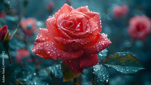 Fototapeta Red Rose with Dew Drops - Macro Photography
