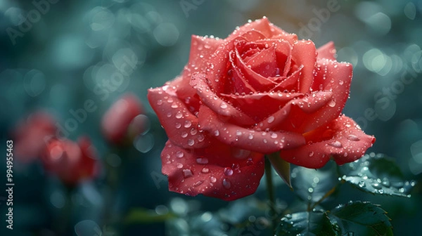 Fototapeta Red Rose with Dew Drops - Close Up Photography