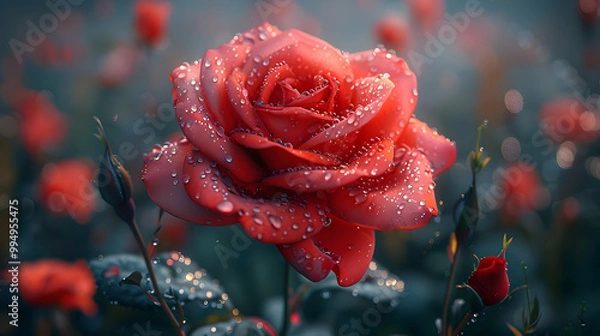 Fototapeta Red Rose with Dew Drops - Digital Illustration