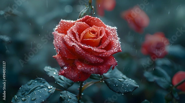 Fototapeta Red Rose in the Rain - Beautiful Flower Photography