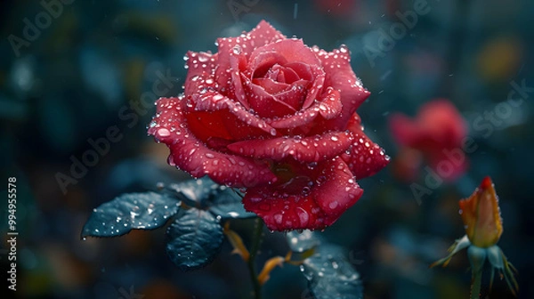 Fototapeta Red Rose with Dew Drops - Realistic Flower Photography