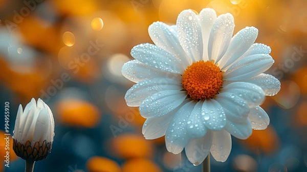 Fototapeta White Daisy with Dew Drops - Macro Photography