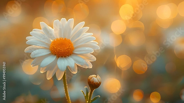 Fototapeta White Daisy Flower with Yellow Center in Golden Bokeh Background - Illustration