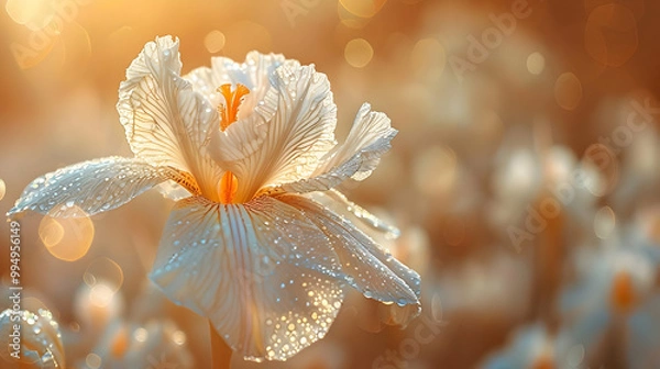 Fototapeta White Iris Flower with Dew Drops in Soft Orange Light, Illustration