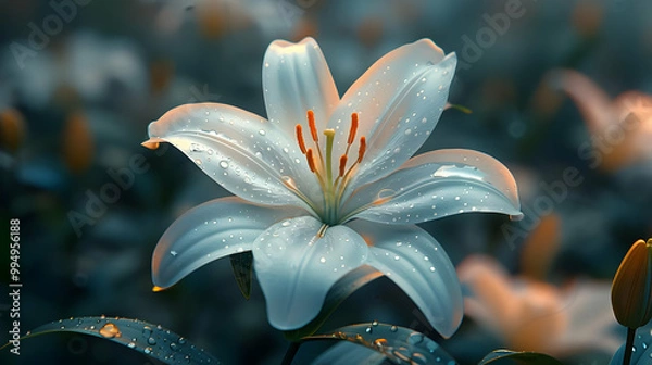 Fototapeta White Lily Flower with Dew Drops - Closeup Photography