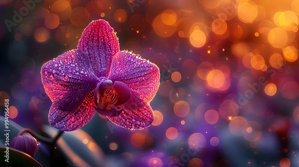 Fototapeta Closeup of a Pink Orchid with Dew Drops and Bokeh Background - Photography