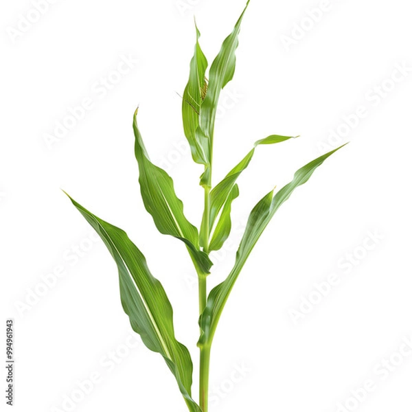 Fototapeta Close-up of a green corn plant with fresh leaves against a white background. Ideal for presentations on agriculture and crops.