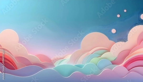 Fototapeta The sky background is filled with pastel fluffy clouds in a paper layer format.
