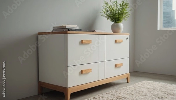 Fototapeta White Dresser with Wooden Top and Decorative Elements in a Minimalist Interior 92