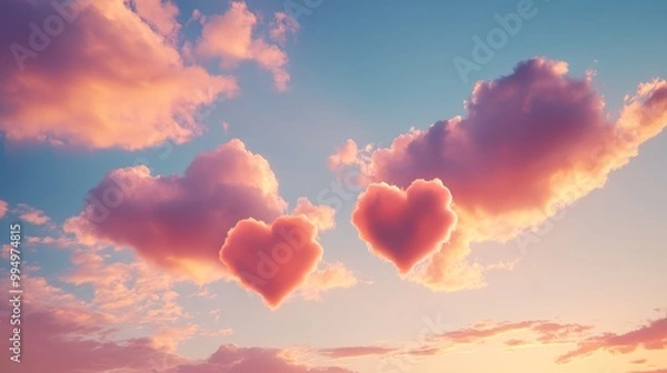 Fototapeta A serene dusk sky with a few clouds shaped like intertwined hearts, floating gracefully in warm