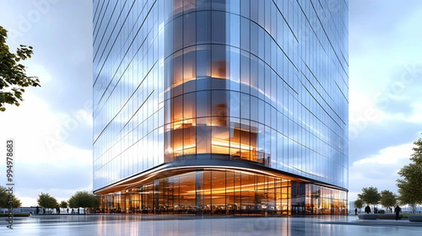 Fototapeta Modern Glass Skyscraper with Illuminated Windows