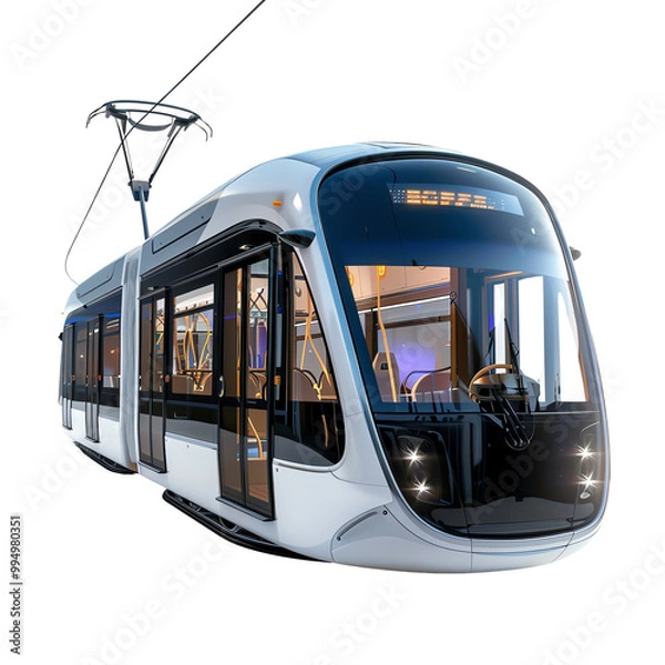 Fototapeta Modern tram with glass windows and doors, isolated on a white background, showcasing public transportation technology.