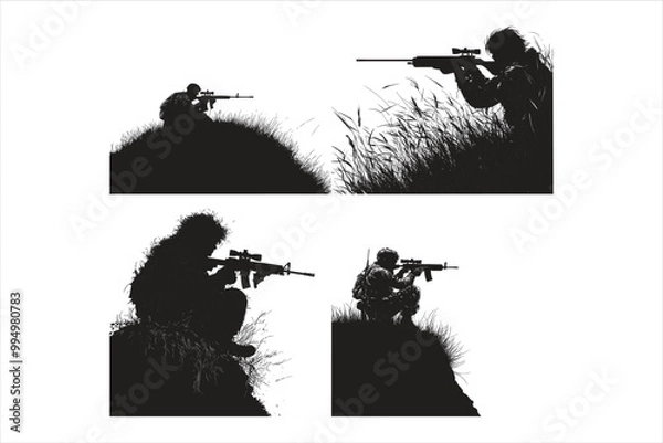 Fototapeta Silhouette of a Man with Sniper Gun Hunting Animals