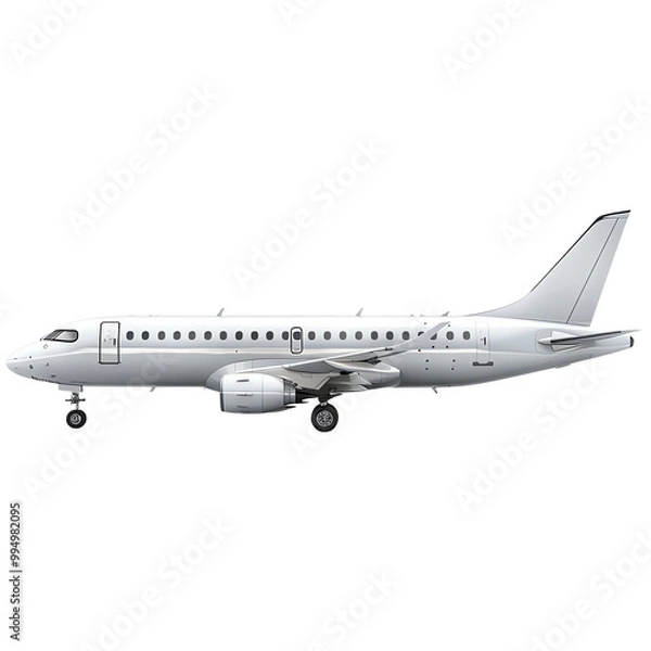 Fototapeta Side view of a commercial airplane with a white exterior. Perfect image for aviation, travel, and transportation themes.