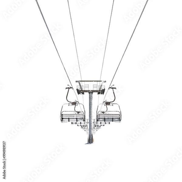 Fototapeta High-angle view of an empty ski lift chair on a cable against a clear sky, unique perspective on mountain sports transportation.