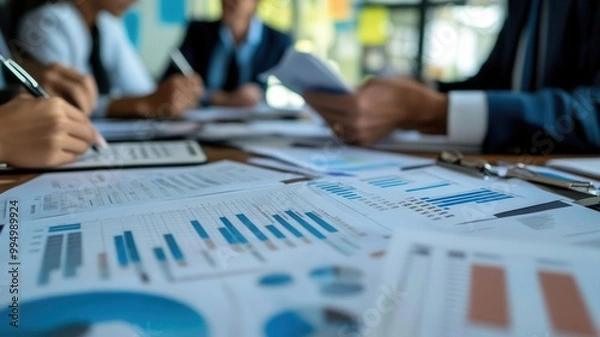 Fototapeta Realistic scene of procurement professionals analyzing supplier bids in a meeting, spreadsheets and documents spread out