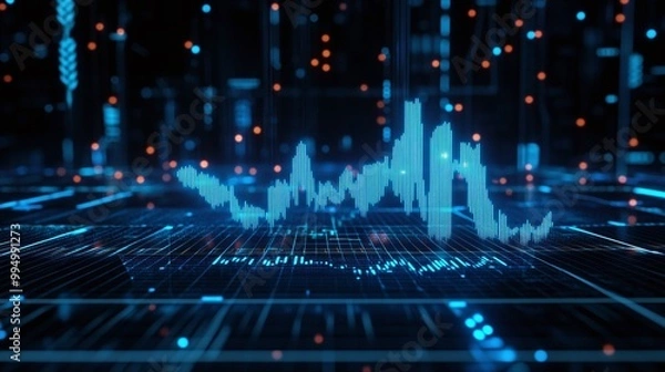 Fototapeta A futuristic data visualization featuring blue graph lines and digital elements on a dark background.