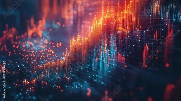 Fototapeta Abstract data visualization with glowing graphs and colorful dots representing analytics and insights.