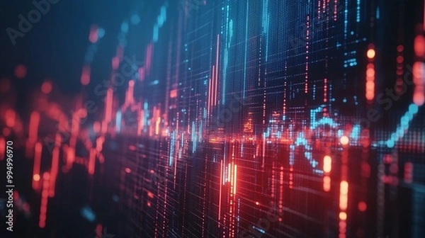 Fototapeta Abstract digital background with vibrant lines and glowing particles representing data flow and communication.