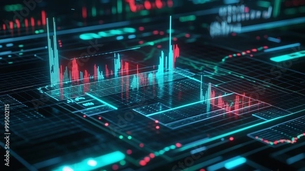 Fototapeta Abstract digital data visualization with vibrant colors and high-tech elements on a black background.