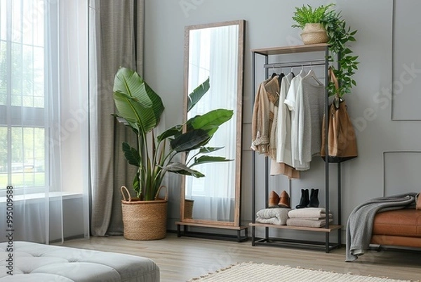 Fototapeta Minimalist modern cloth storage rack with mirror and shoe shelf in the living room, functional and stylish storage solution.