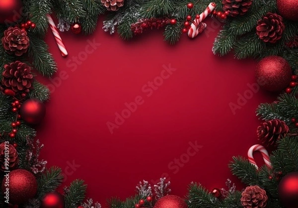 Fototapeta キャンディーケーンで飾られた赤いクリスマスの背景