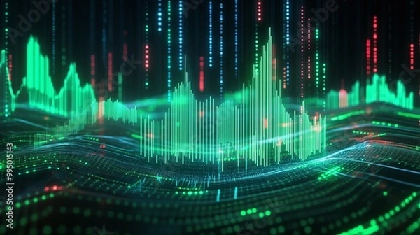 Fototapeta Abstract digital sound waves in vibrant green and blue tones with pulsating light effects.