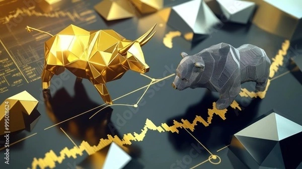 Fototapeta Floating geometric shapes in gold and silver around a rising market graph, mythical bull and bear in conflict, economic concept, text area