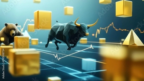 Fototapeta Dynamic stock market concept featuring a bull and bear amidst rising graphs and golden cubes, symbolizing market trends.
