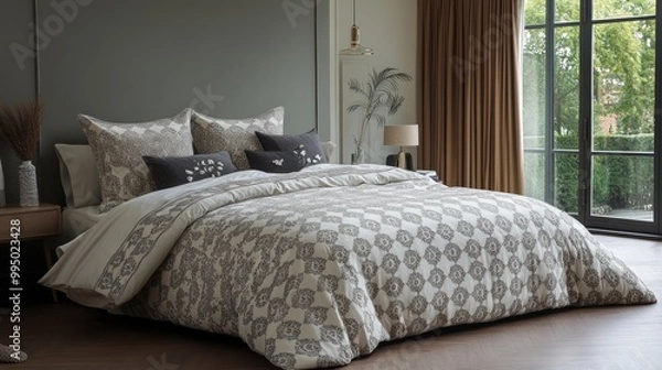 Fototapeta Elegant bedroom featuring a stylish duvet and decorative pillows.