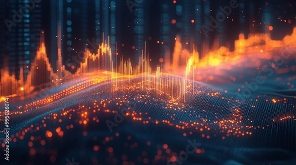 Obraz Abstract wave visualization of data signals and analytics with glowing elements in orange and blue tones.