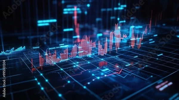 Fototapeta Digital financial chart with glowing lines and data visualization on a dark background.