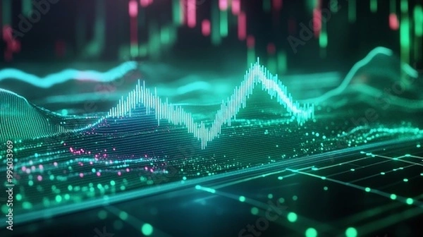 Fototapeta Digital visualization of data trends with vibrant colors and dynamic wave patterns.