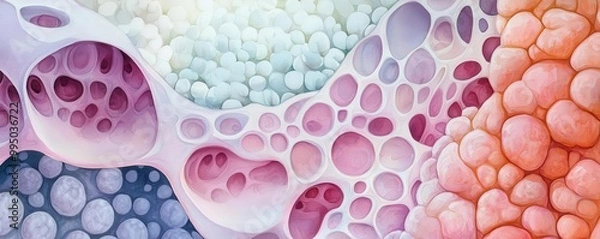 Fototapeta Microscopic view of lung tumor, cellular level, intricate details, watercolor style