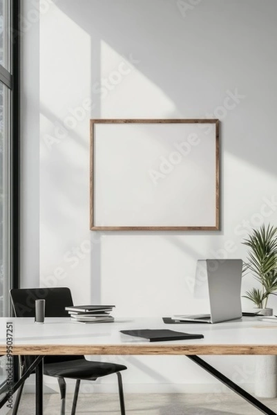 Fototapeta A minimal wood picture frame mockup on a white wall in a modern meeting room. 3d render, 3d illustration.generative ai