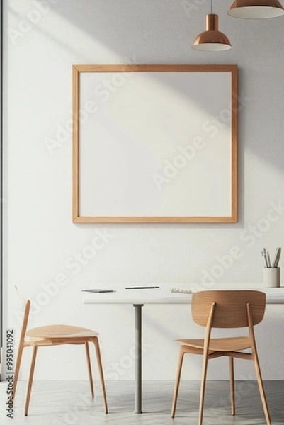 Fototapeta A minimal wood picture frame mockup on a white wall in a modern meeting room. 3d render, 3d illustration.generative ai
