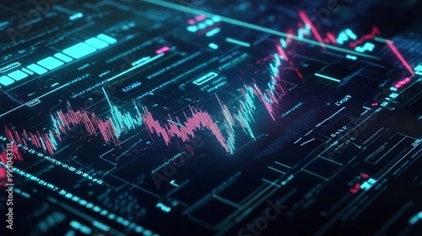 Fototapeta Futuristic digital data visualization with colorful graphs and analytics on a dark background.
