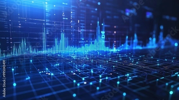 Obraz Futuristic digital data visualization with glowing blue lines and graphs on a dark background.