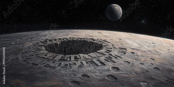 Fototapeta A futuristic lunar landscape featuring a cratered moon with a deep excavation and a distant planet against a starry backdrop.