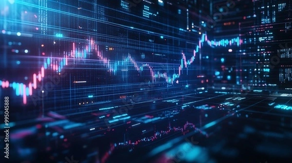 Fototapeta Futuristic digital financial graph with vibrant colors, showcasing stock market trends against a dark background.