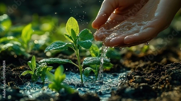 Obraz Hand watering young plants in rich, moist soil.