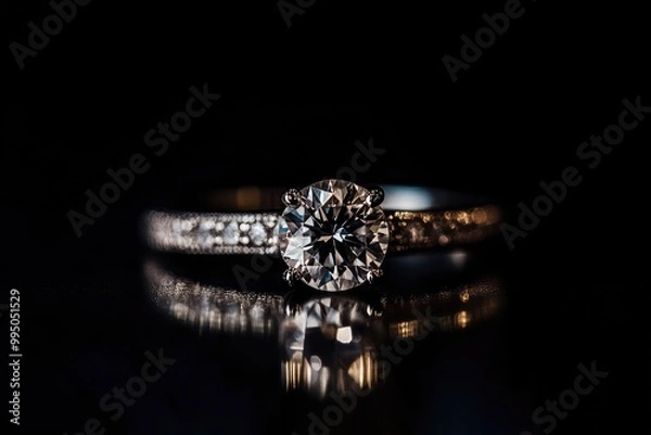 Fototapeta Close-up shot of a wedding ring placed against a black background, emphasizing elegance and highlighting the timeless beauty of marriage .generative ai