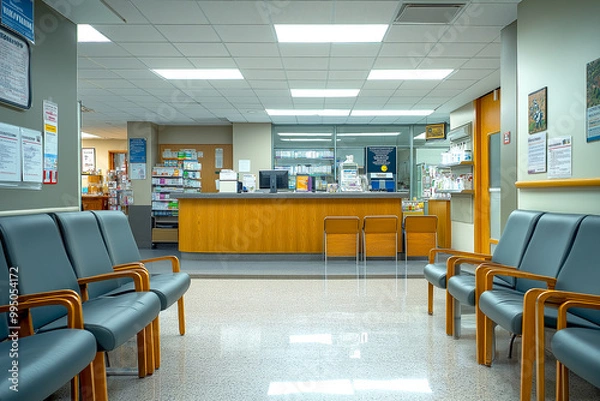 Fototapeta Waiting area with seats, reception, cashier counter and board interior design space in Hospital