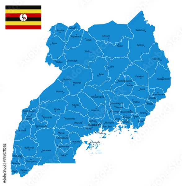 Obraz Uganda - detailed blue country map with cities and regions. Vector illustration.