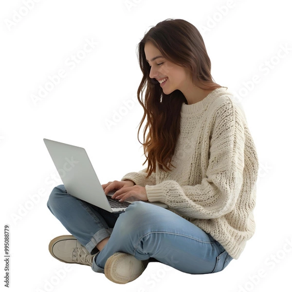 Fototapeta Smiling Young Woman Sitting Cross-Legged Using Laptop on Transparent Background