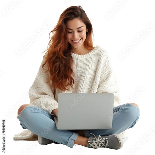 Fototapeta Smiling Young Woman Sitting Cross-Legged Using Laptop on Transparent Background